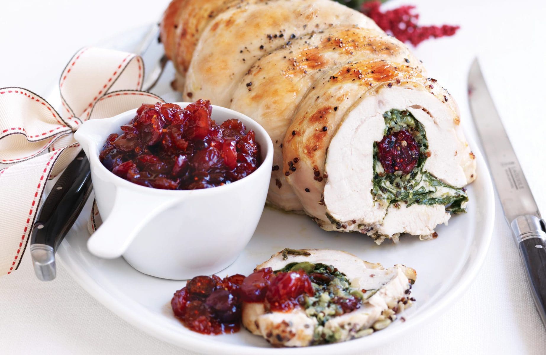Turkey roulade with quinoa, cranberry and pumpkin seed stuffing