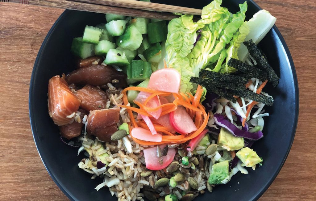 Salmon and vege poke bowl