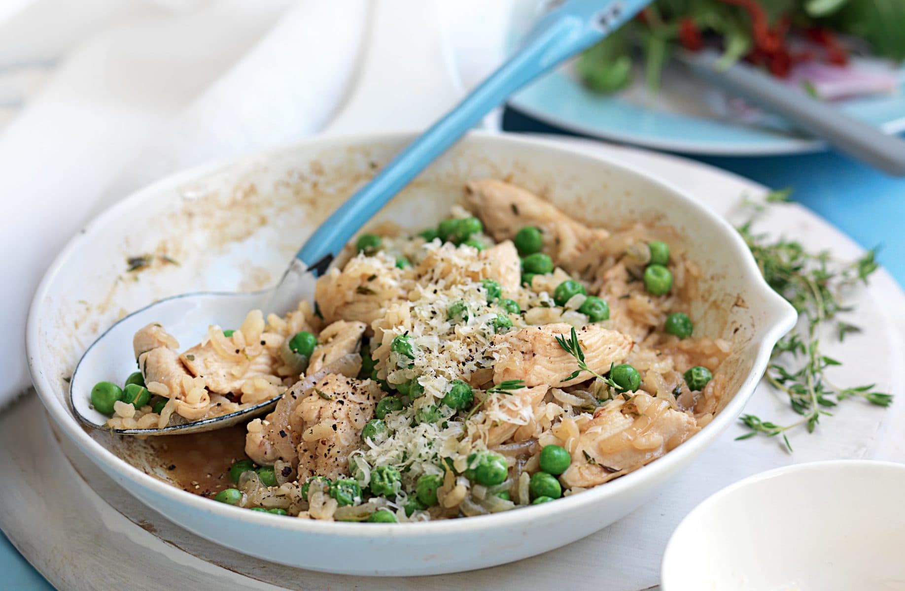 Baked chicken and pea risotto