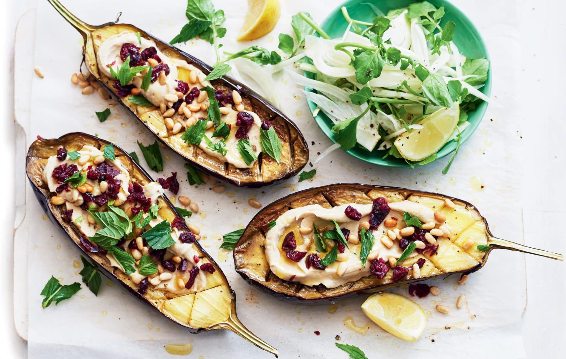 Baked eggplant with cranberry and mint