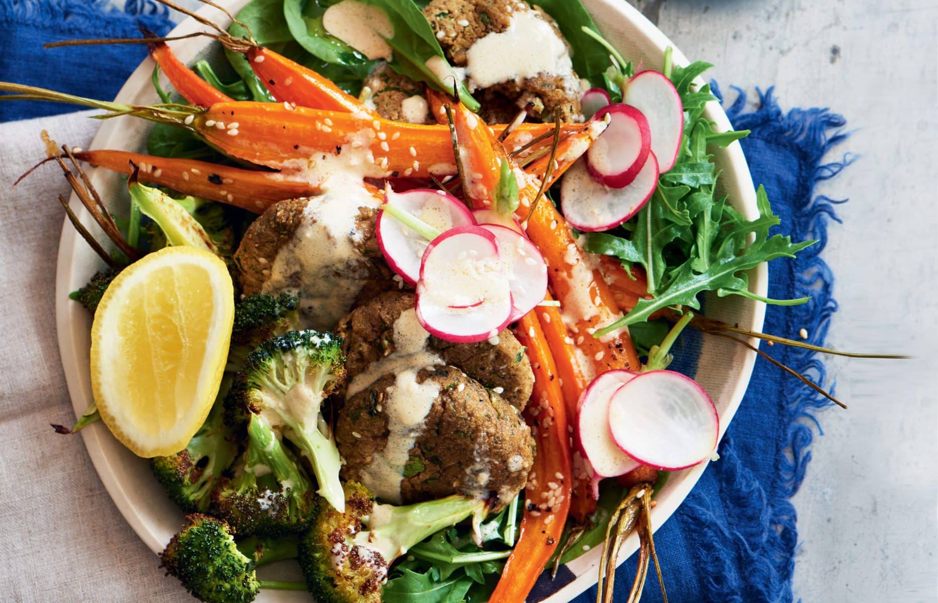 Baked falafel, roasted carrot and broccoli abundance bowl