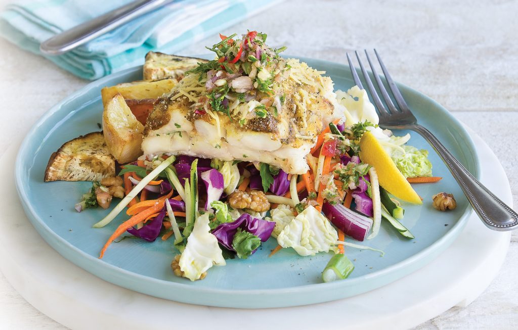 Baked fish with slaw and potatoes Baked fish with slaw and potatoes