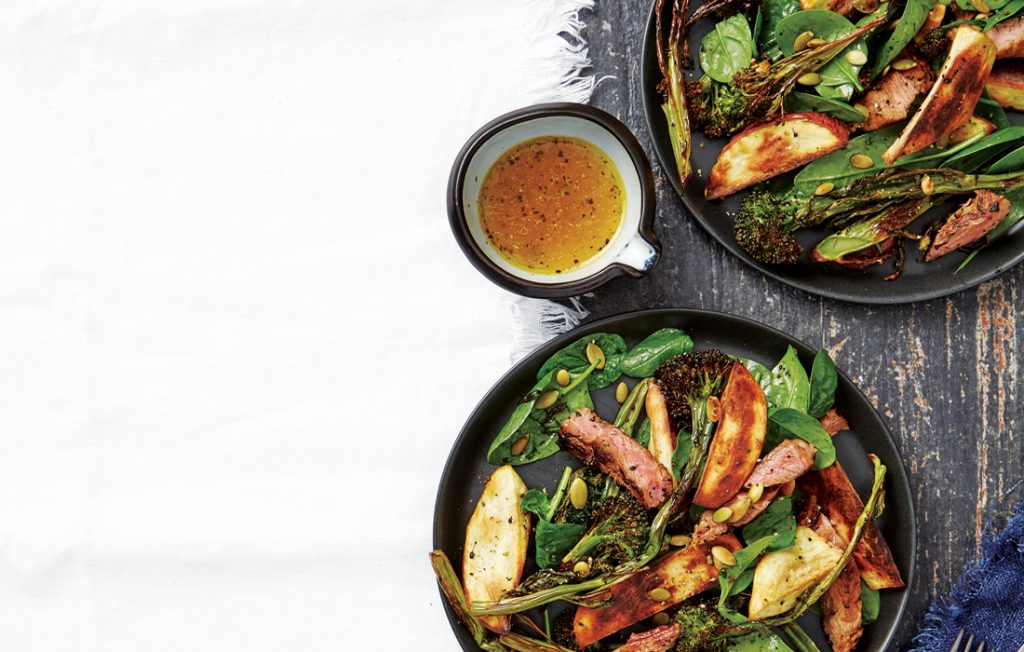 Barbecued kumara salad with miso-grilled lamb