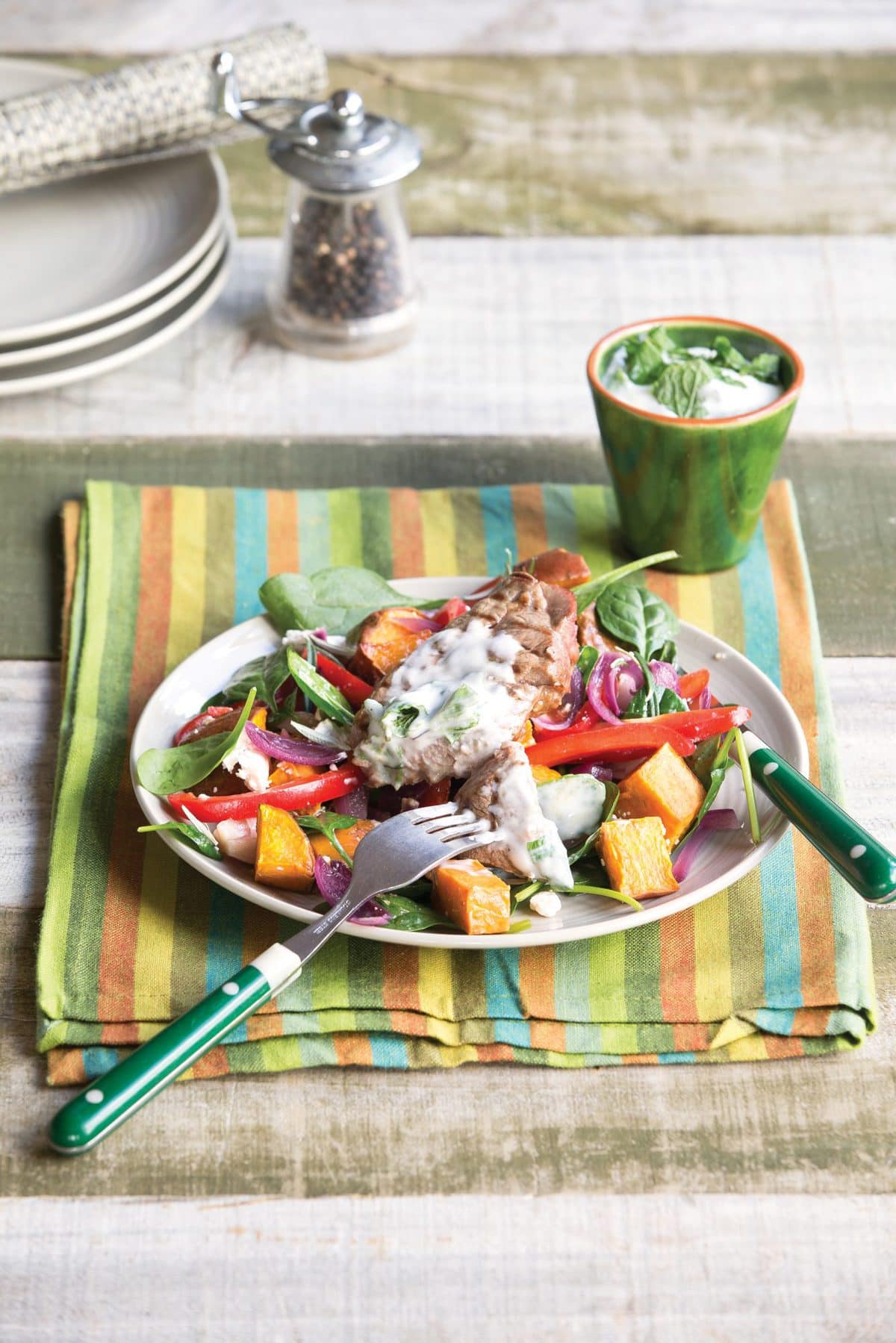 Barbecued lamb, kumara and caramelised red onion salad