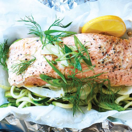 Barbecued salmon and veg parcels