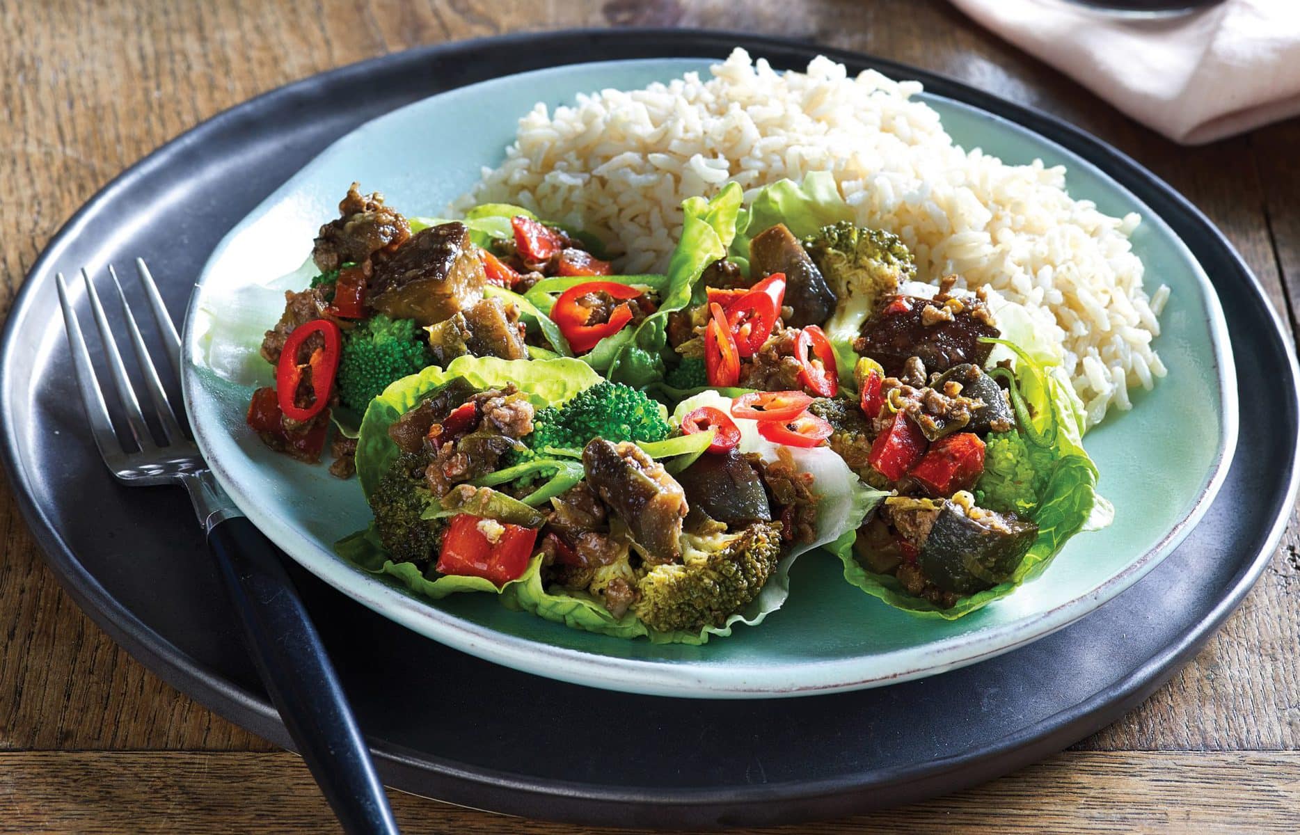 Beef and eggplant in lettuce cups