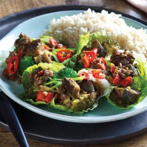 Beef and eggplant in lettuce cups