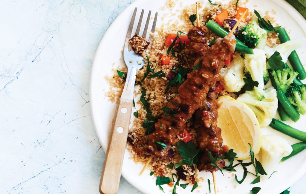 Beef satay skewers with date and parsley couscous
