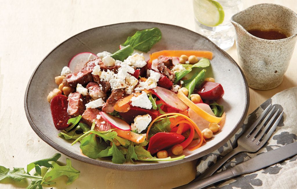Beetroot, chickpea, feta and lamb salad with tamarind dressing