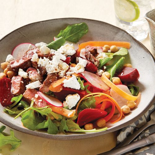 Beetroot, chickpea, feta and lamb salad with tamarind dressing