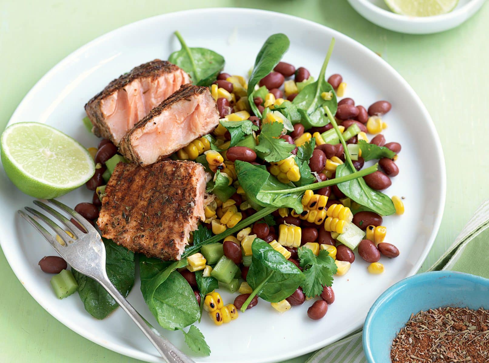 Blackened salmon with sweet corn and bean salad