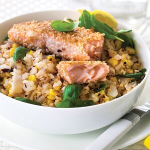 Cauliflower couscous with corn and sesame salmon