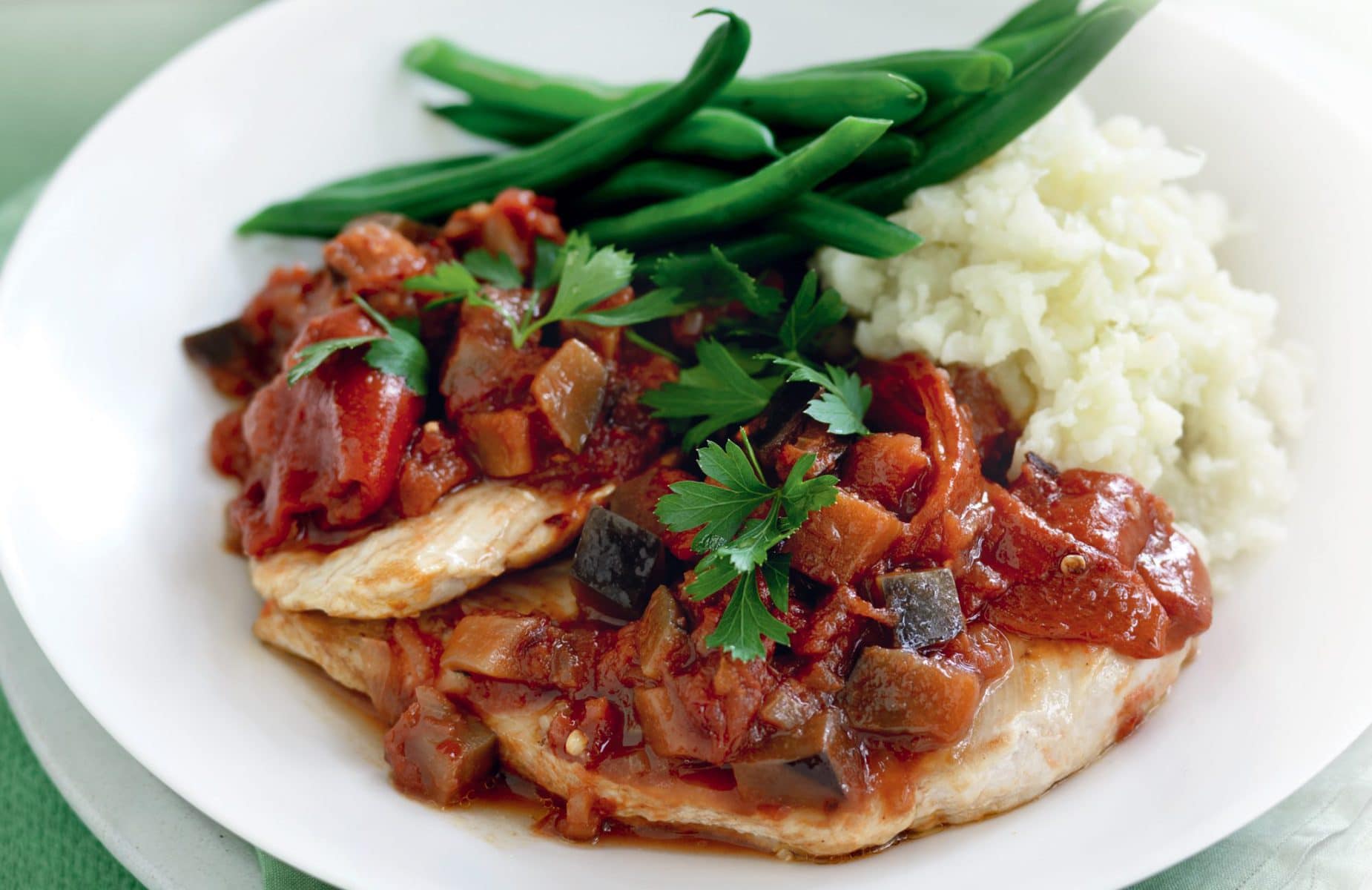 Chicken, eggplant and capsicum bake with cauliflower mash