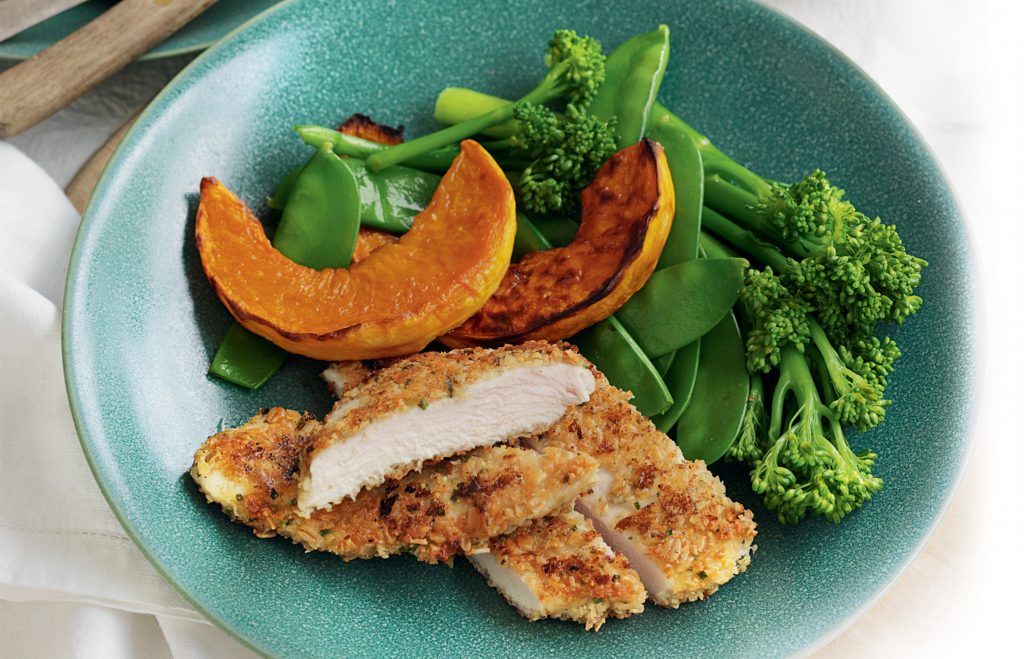 Chicken schnitzel, pumpkin and steamed greens Chicken schnitzel, pumpkin and steamed greens