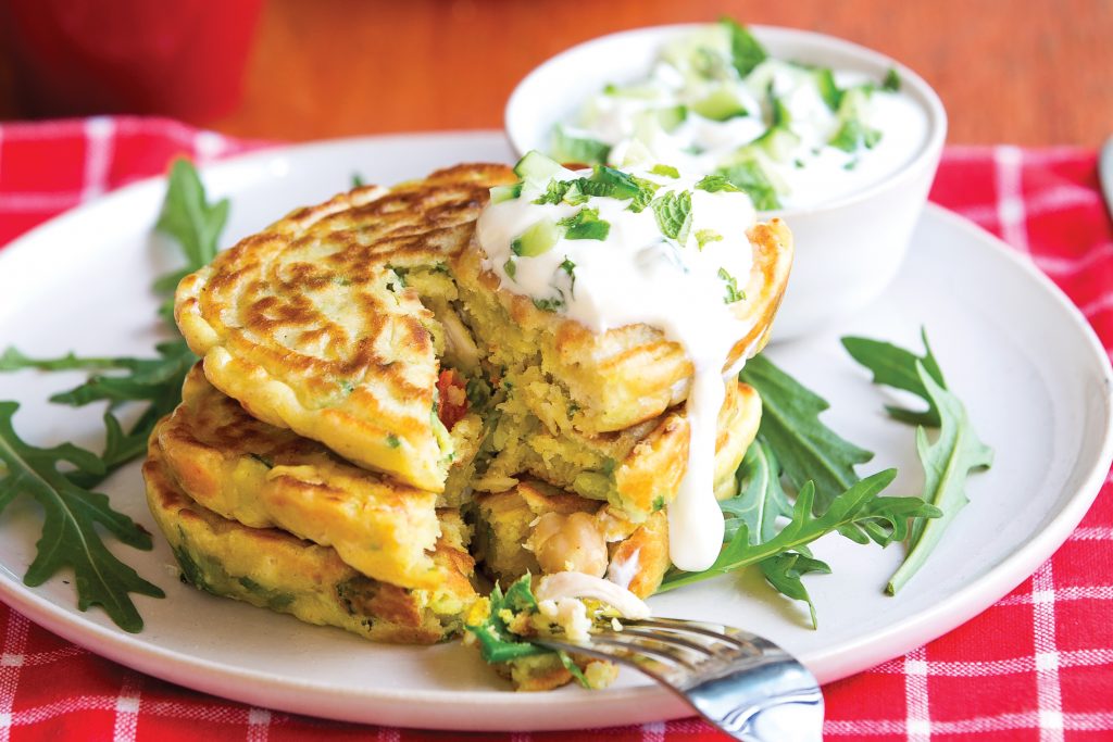 Chickpea and chicken curry fritters with yoghurt raita Chickpea and chicken curry fritters with yoghurt raita