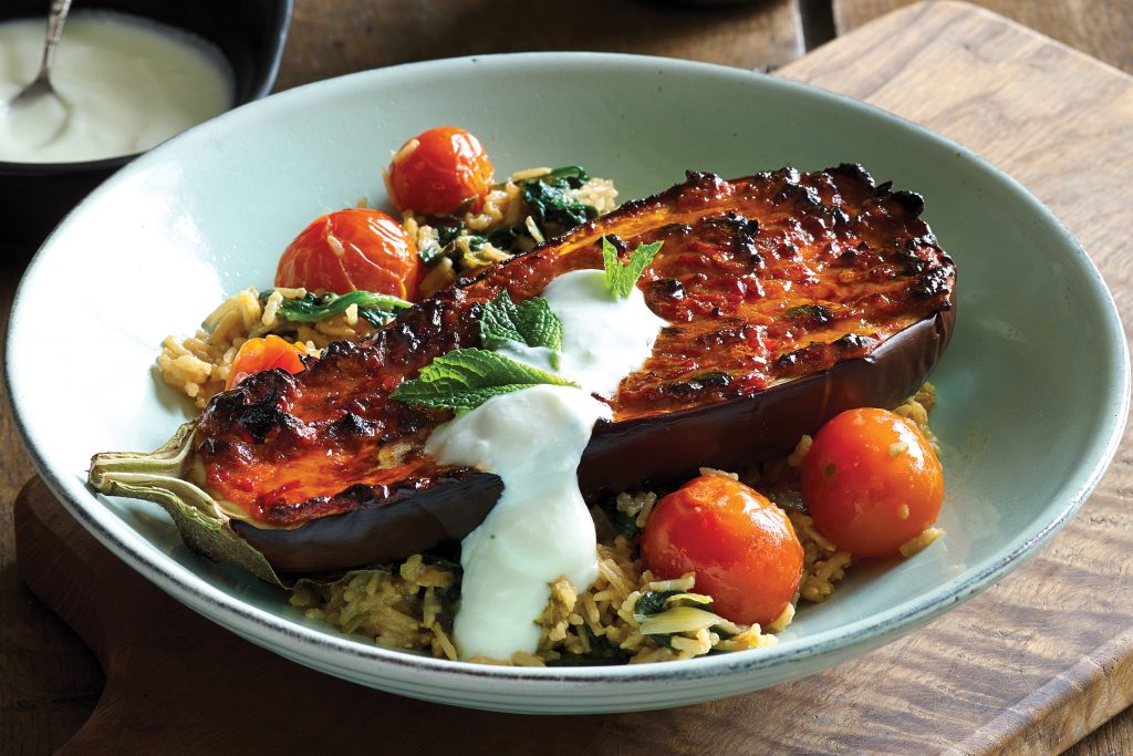 Chilli and miso baked eggplant on rice pilaf