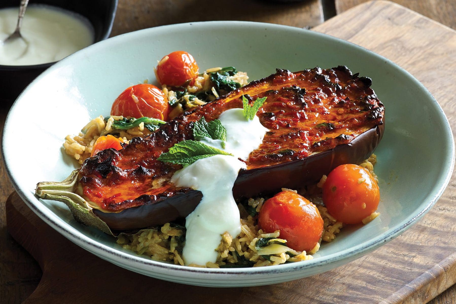 Chilli and miso baked eggplant on rice pilaf