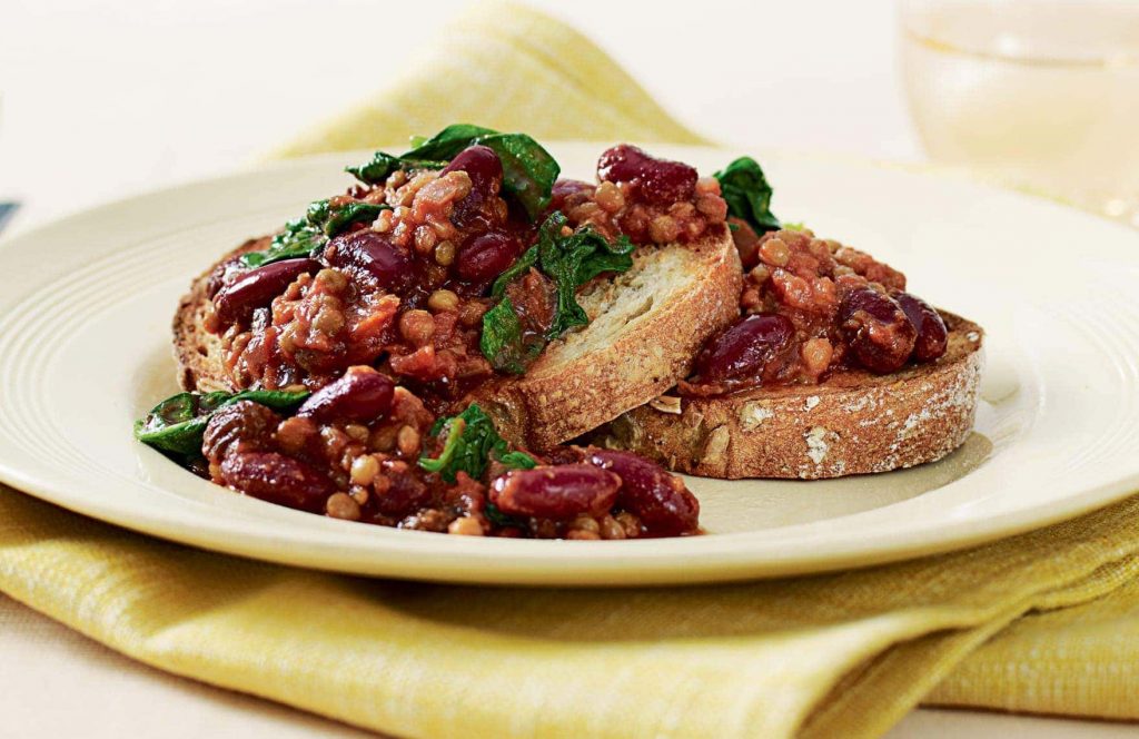 Chilli beans and lentils on toast