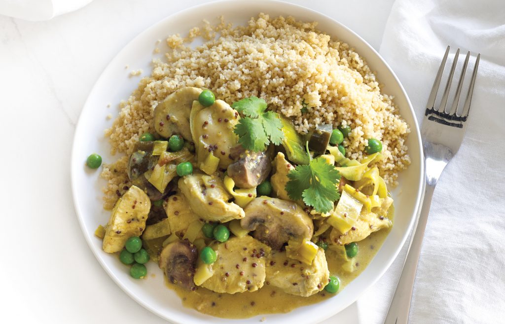 Creamy mustard and leek chicken with wholemeal couscous Creamy mustard and leek chicken with wholemeal couscous
