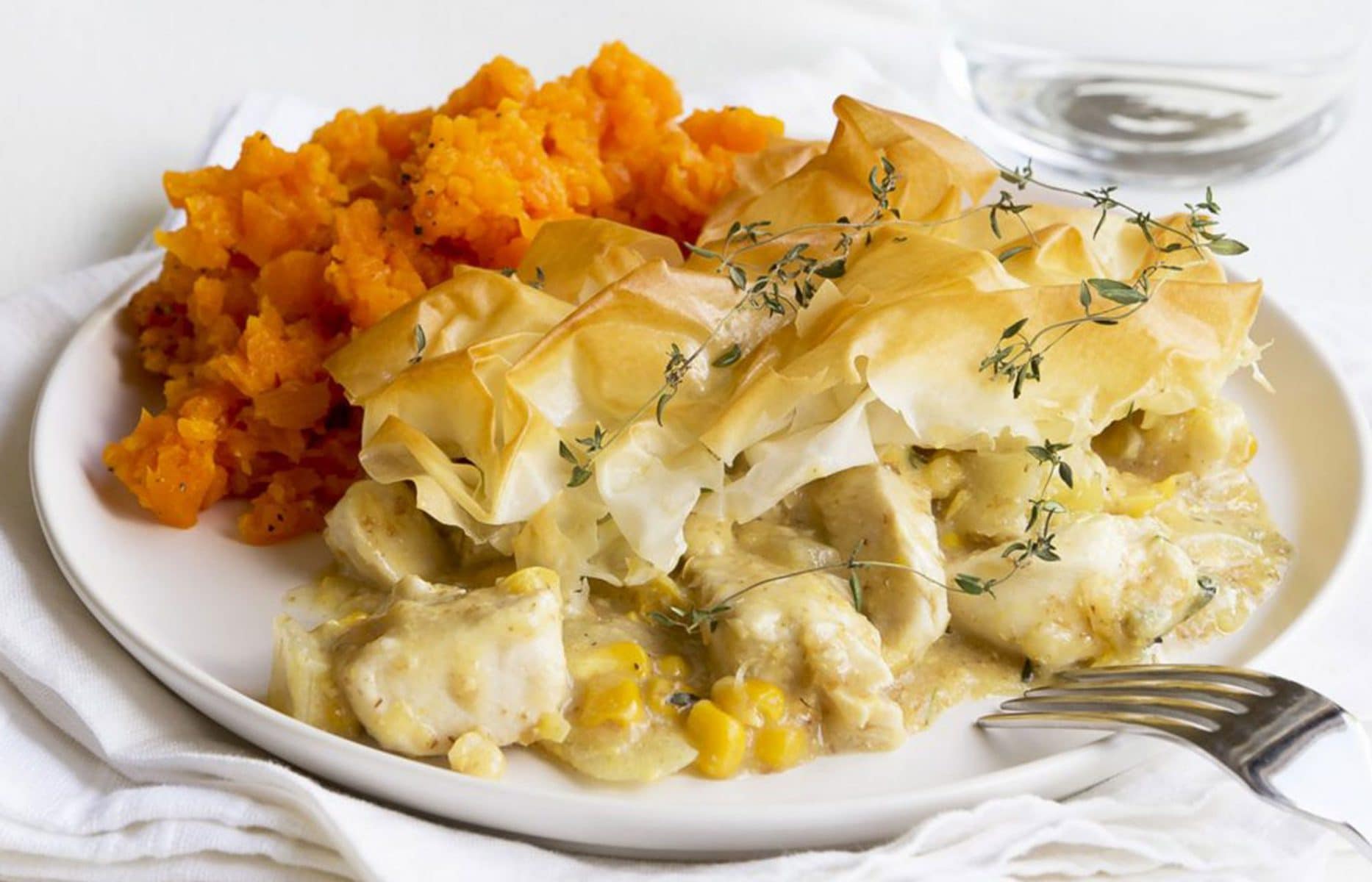 Creamy chicken and corn filo pie