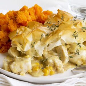 Creamy chicken and corn filo pie
