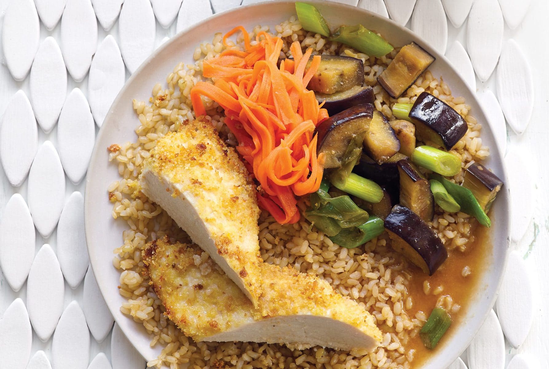 Crispy katsu chicken with braised eggplant and quick carrot pickle