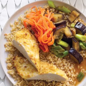 Crispy katsu chicken with braised eggplant and quick carrot pickle