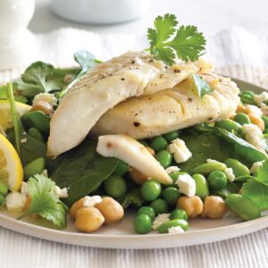 Fish with chickpea and edamame salad