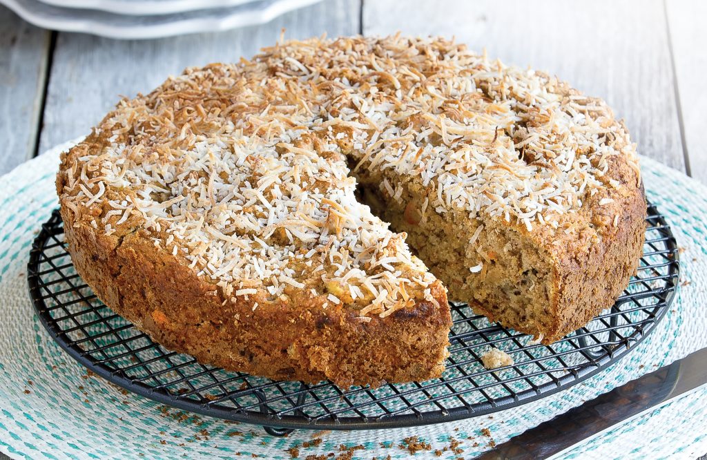 Fruity banana, carrot and pineapple cake