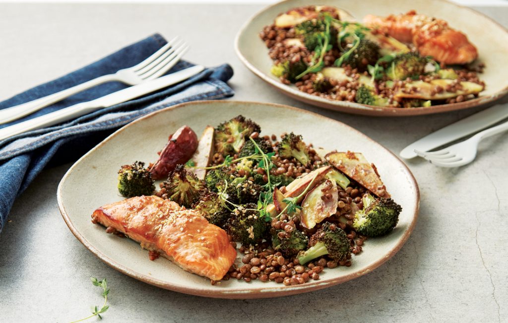 Ginger miso salmon and crispy kumara