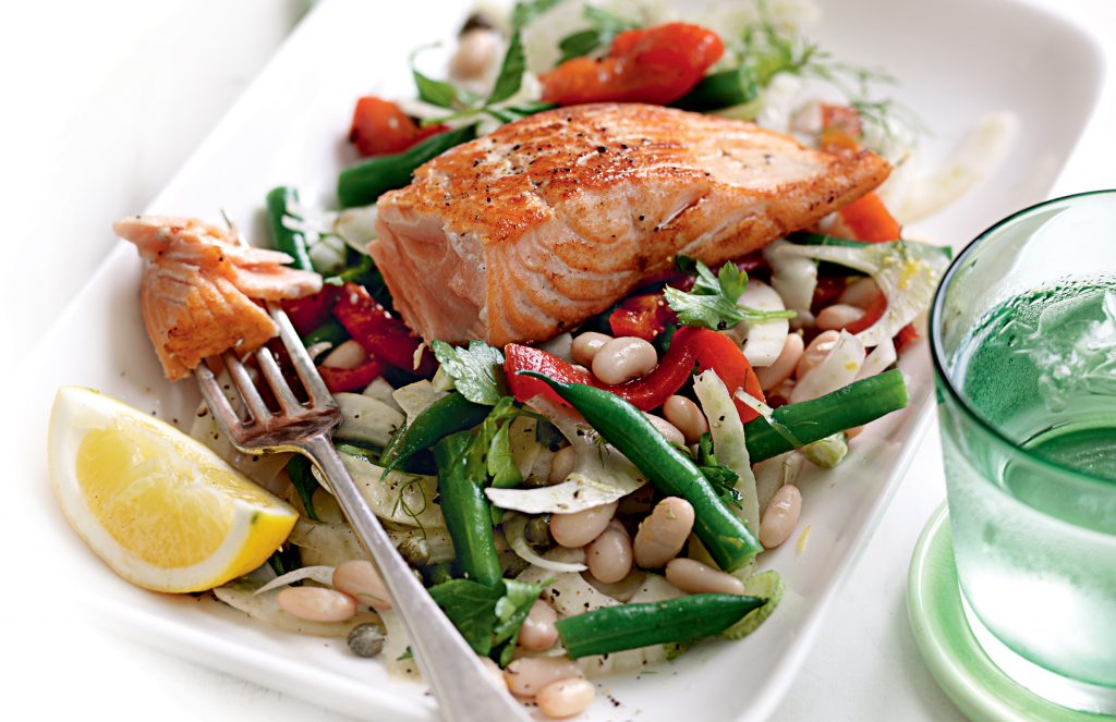 Grilled salmon with mixed bean and fennel salad Grilled salmon with mixed bean and fennel salad