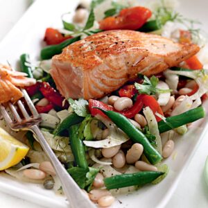 Grilled salmon with mixed bean and fennel salad
