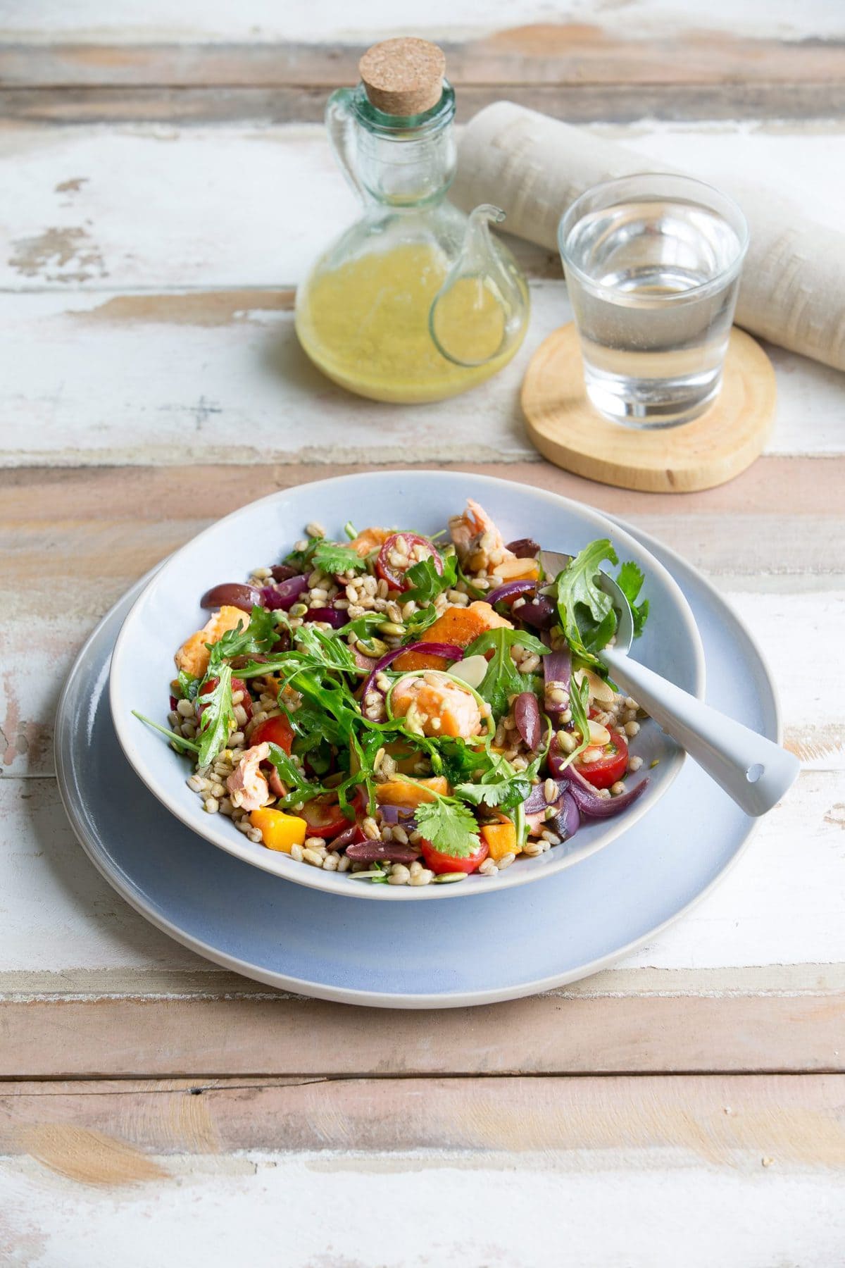 Grilled salmon with sweet barley salad