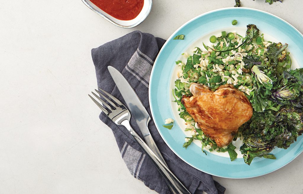 Herby rice salad with grilled chicken and kalettes Herby rice salad with grilled chicken and kalettes