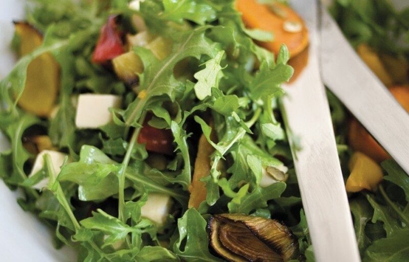 Honeyed roasted vegetable, feta and rocket salad