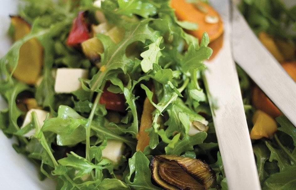 Honeyed roasted vegetable, feta and rocket salad Honeyed roasted vegetable, feta and rocket salad