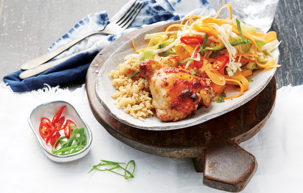 Spiced barbeque chicken with cucumber pickle salad
