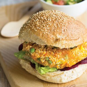 Kumara vege burgers with avocado salsa