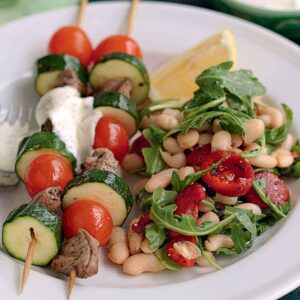 Lamb and courgette skewers with yoghurt mint dressing