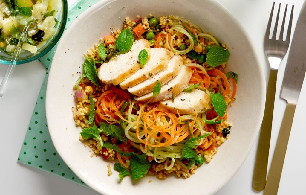Lemon and mint chicken salad with ribbon vegetables