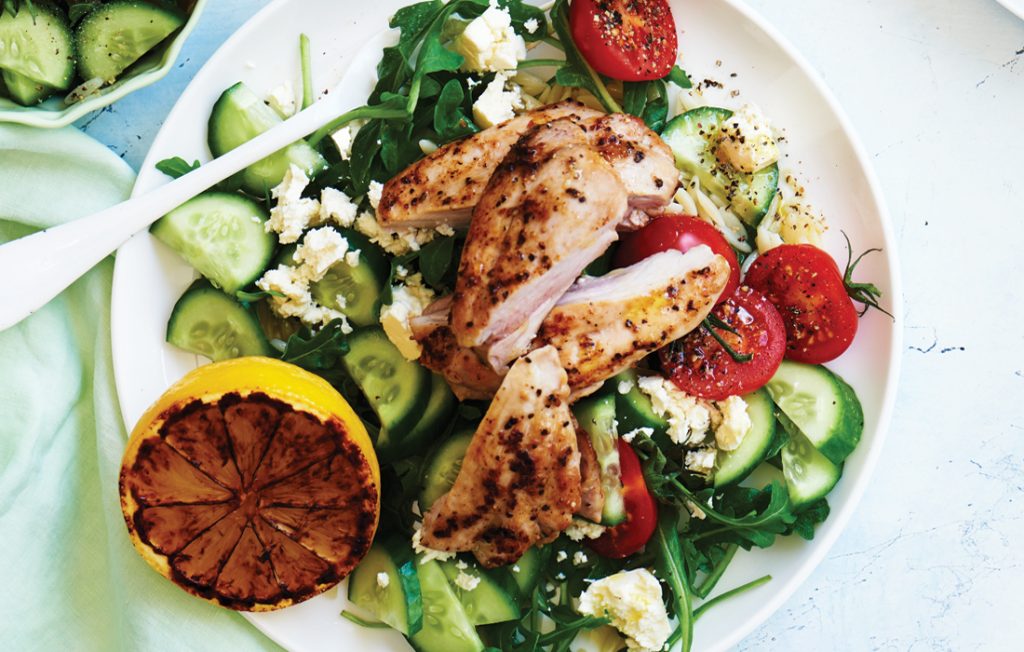 Lemon pepper chicken with risoni rocket salad