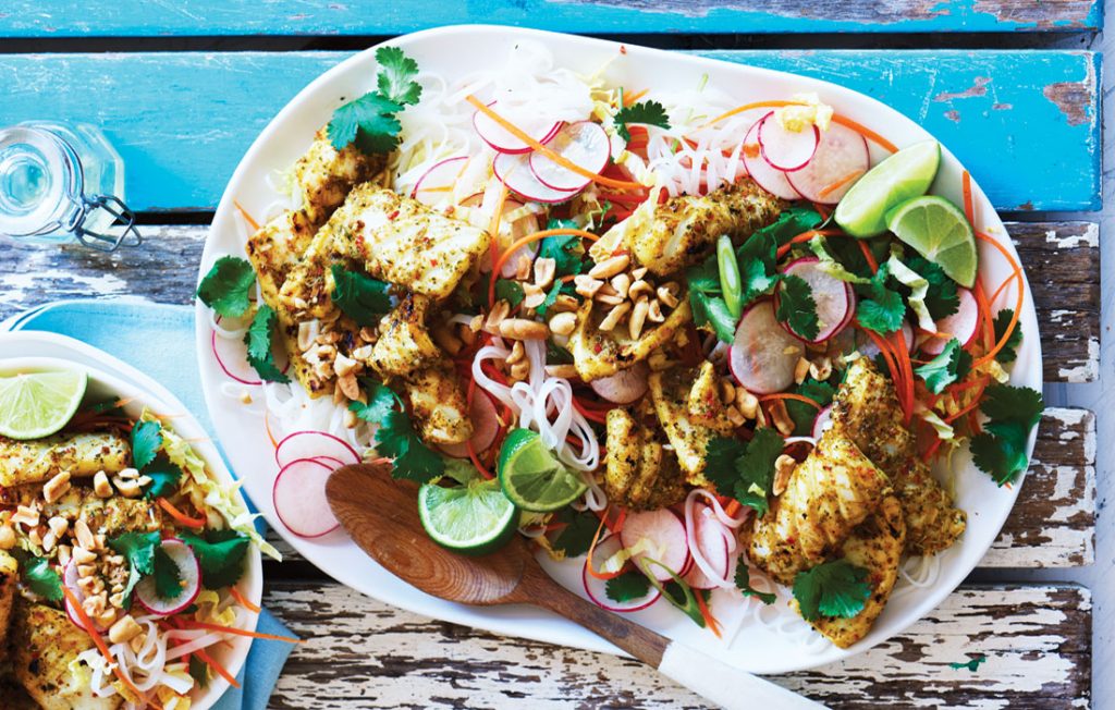 Lemongrass and chilli calamari with vege noodle salad