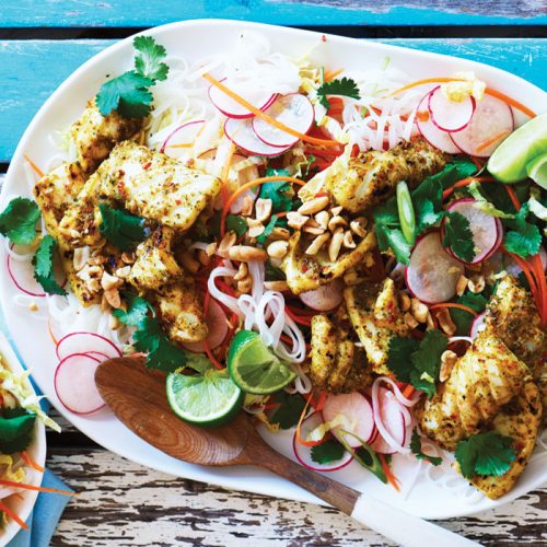 Lemongrass and chilli calamari with vege noodle salad