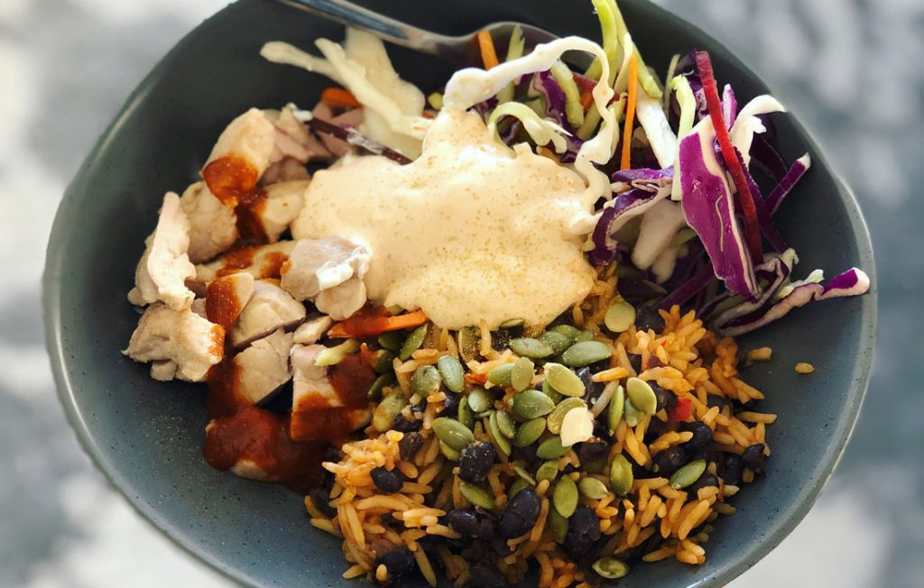 Mexi spiced rice with chicken and slaw Mexi spiced rice with chicken and slaw