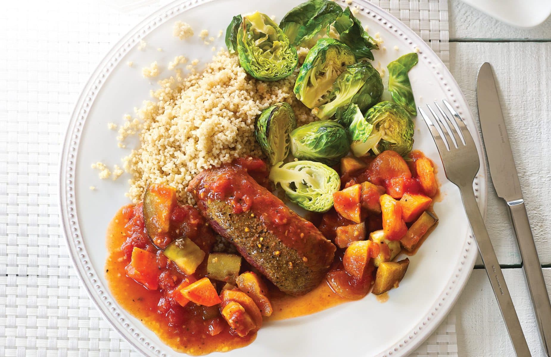 Moroccan lamb with toasted Brussels sprouts