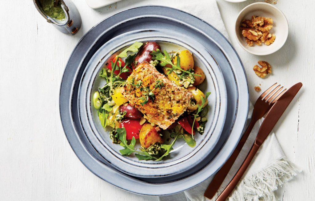 Oat, walnut and thyme crusted salmon with potato salad