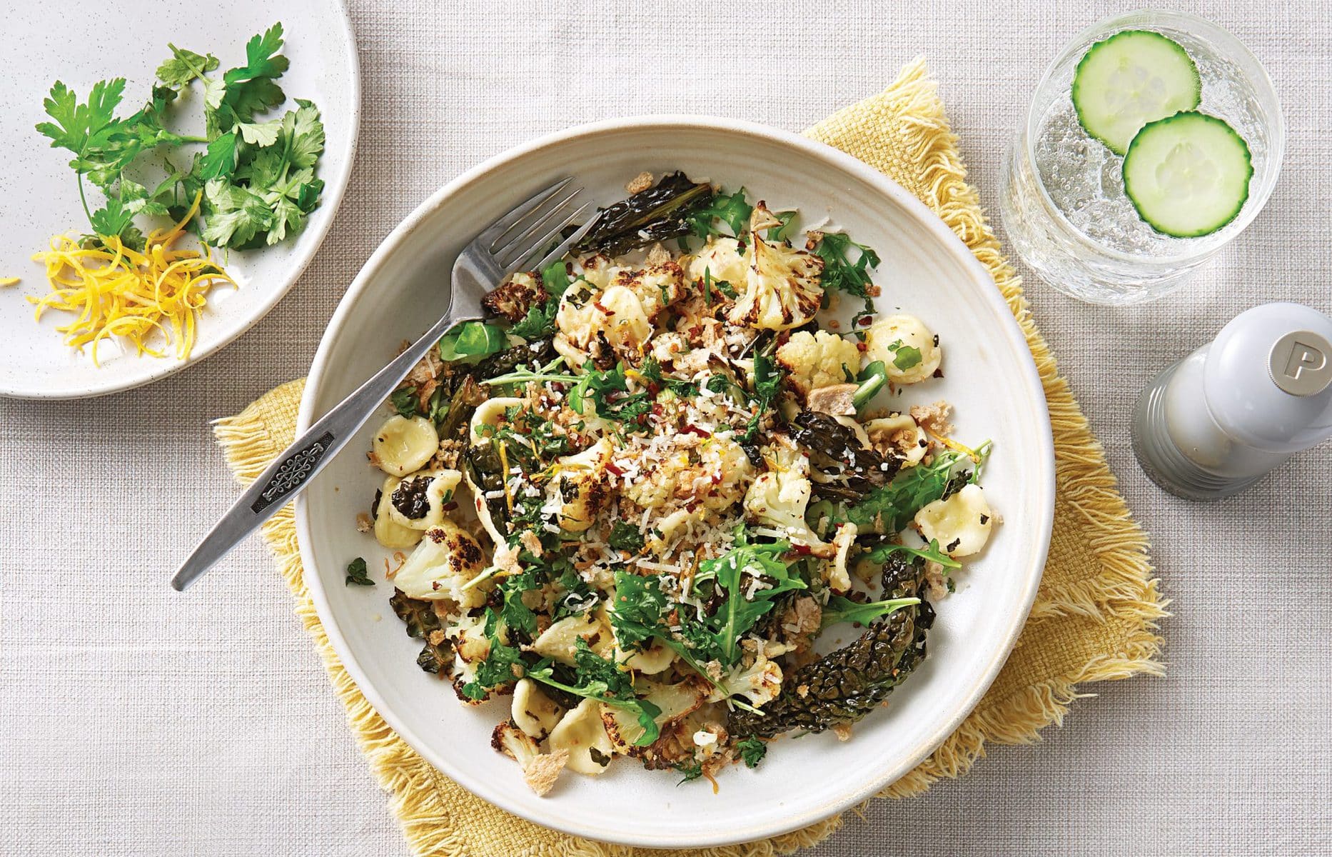 Orechiette with roast cauliflower and garlic-lemon crumb