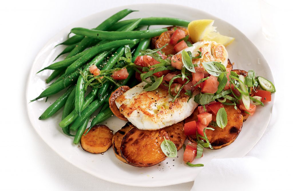 Pan-fried snapper with tomato and basil salsa Pan-fried snapper with tomato and basil salsa
