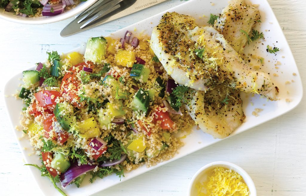 Pan-seared fish with couscous tabbouleh salad Pan-seared fish with couscous tabbouleh salad