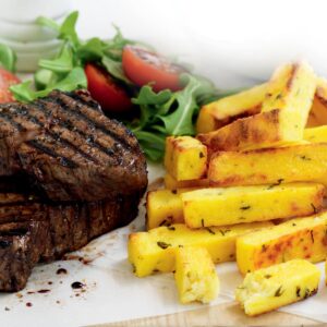 Pepper steak with herb and parmesan polenta chips